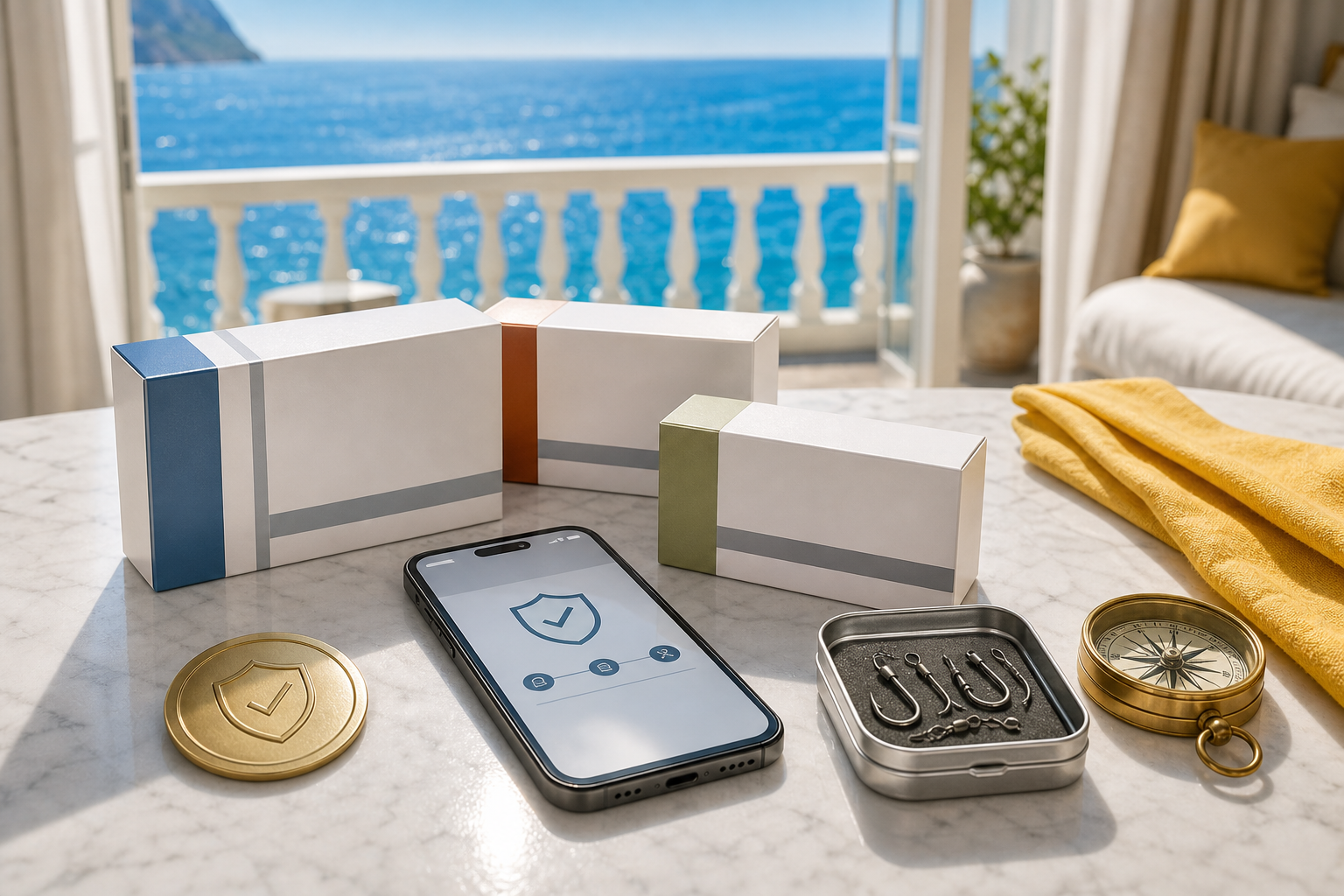 Neutrale Medikamentenkartons, Smartphone und Kompass in mediterraner Suite