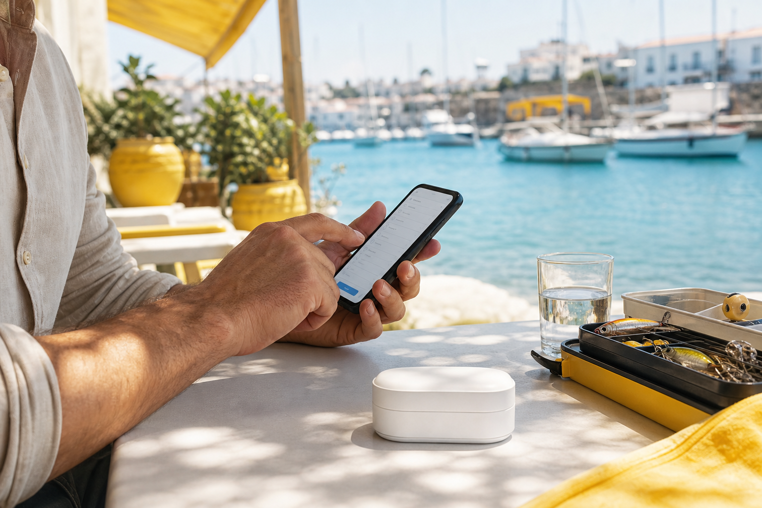 Mann füllt an einem mediterranen Hafen einen telemedizinischen Fragebogen auf dem Smartphone aus